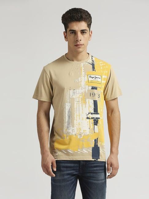 pepe jeans khaki beige cotton slim fit printed t-shirt