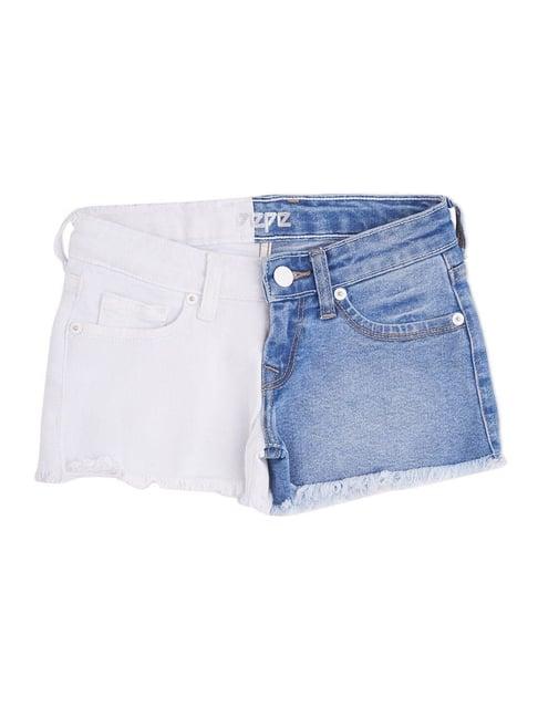 pepe jeans kids white & blue color block shorts