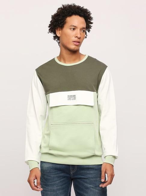 pepe jeans light green cotton regular fit colour block sweatshirt