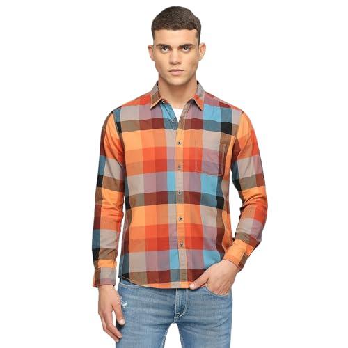 pepe jeans men's checkered regular fit shirt (pm308456_rust brown