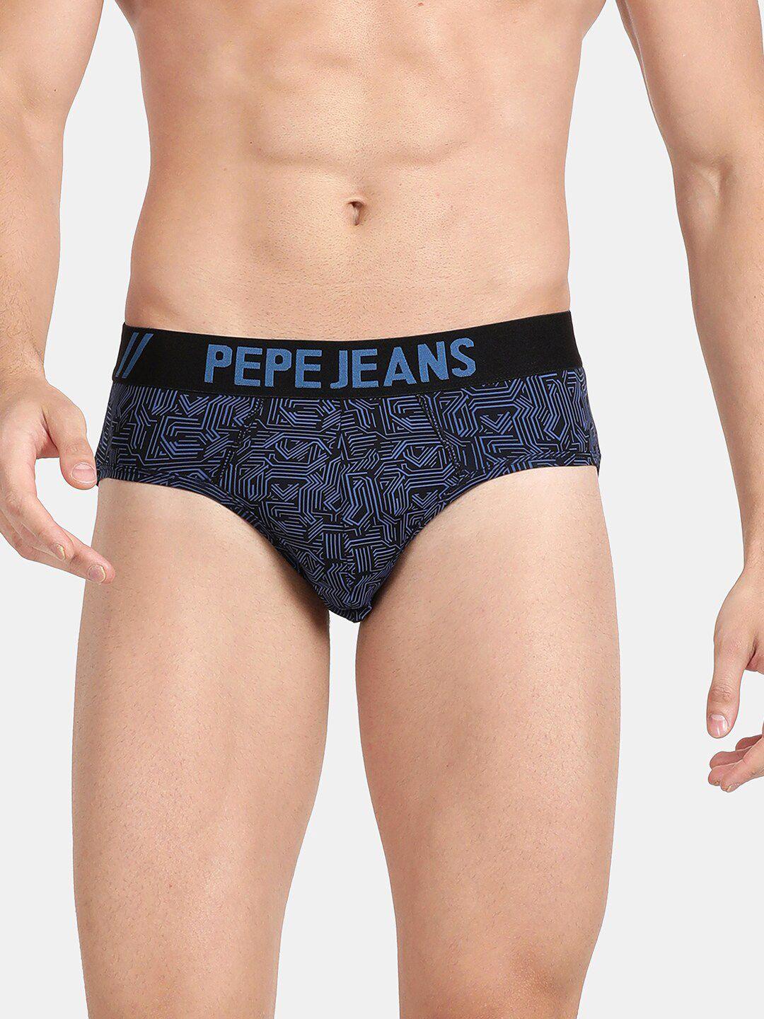 pepe jeans men black & blue geometric printed basic briefs bgb02classic blue aop s-