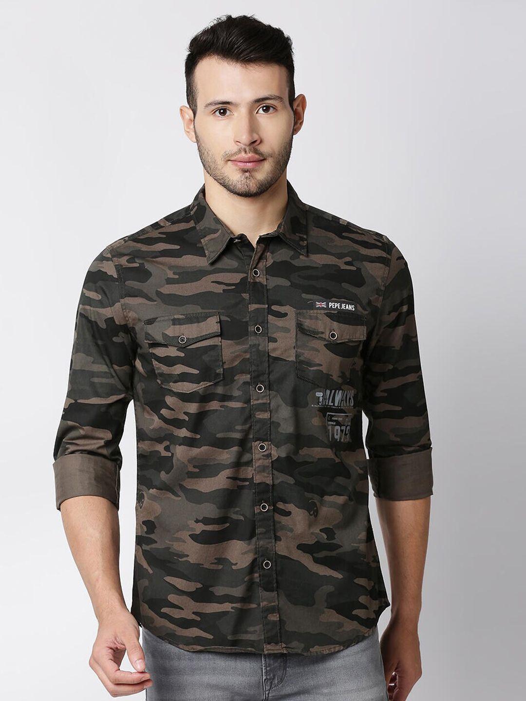 pepe jeans men black & grey camouflage printed casual shirt