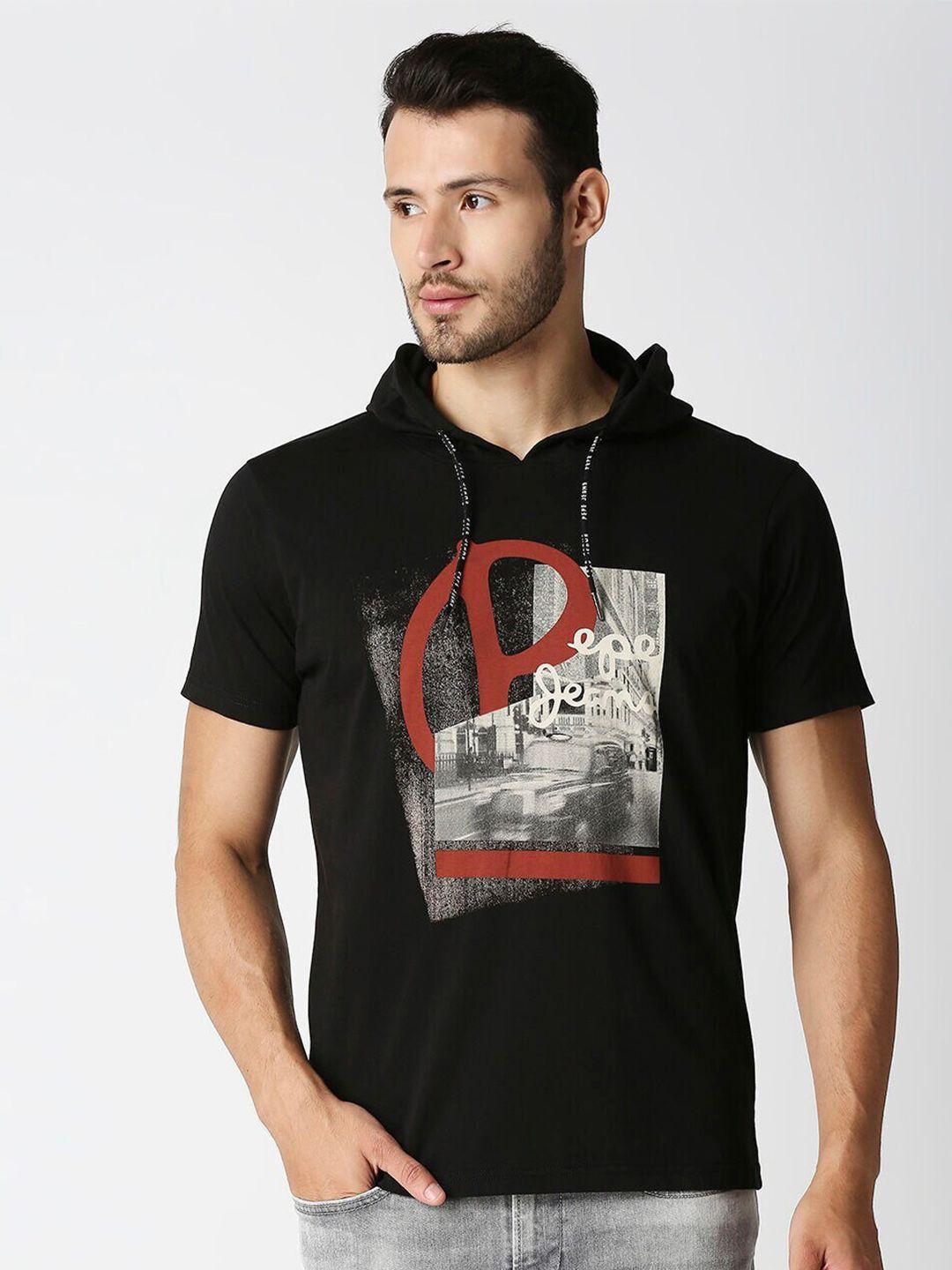 pepe jeans men black & grey printed t-shirt