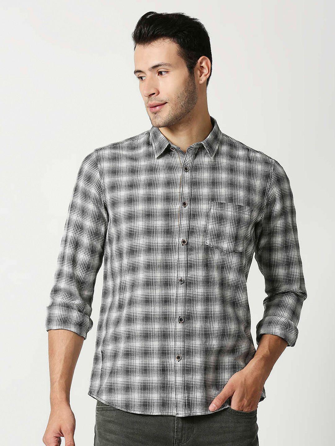 pepe jeans men black tartan checked casual cotton shirt