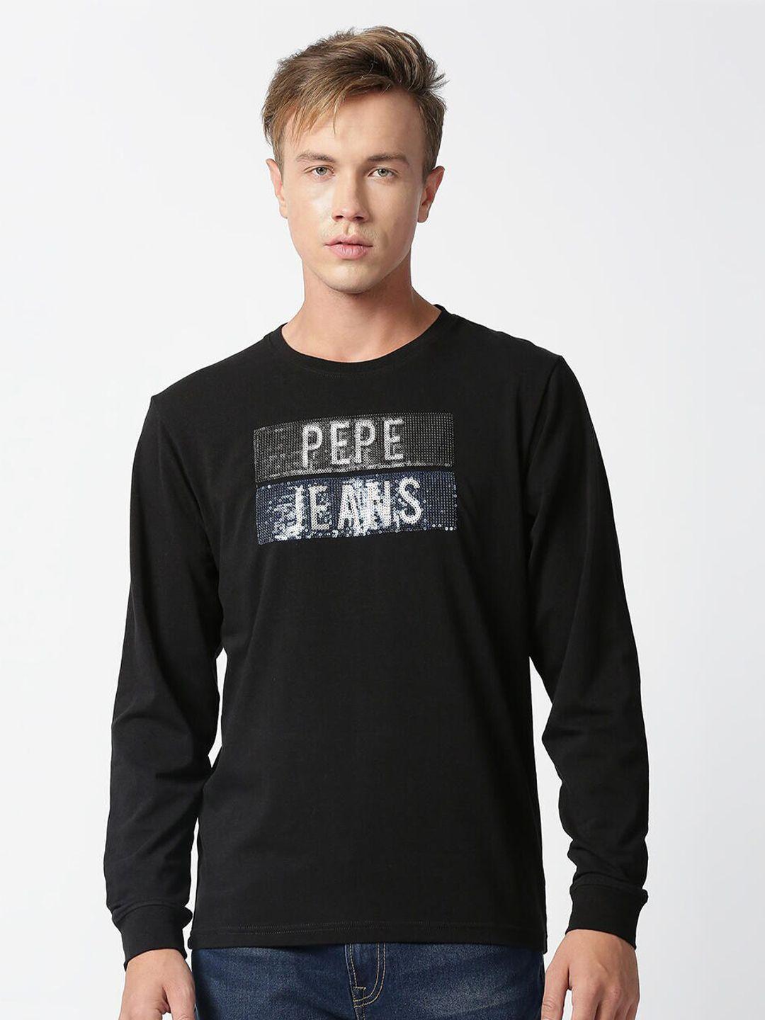 pepe jeans men black typography printed t-shirt