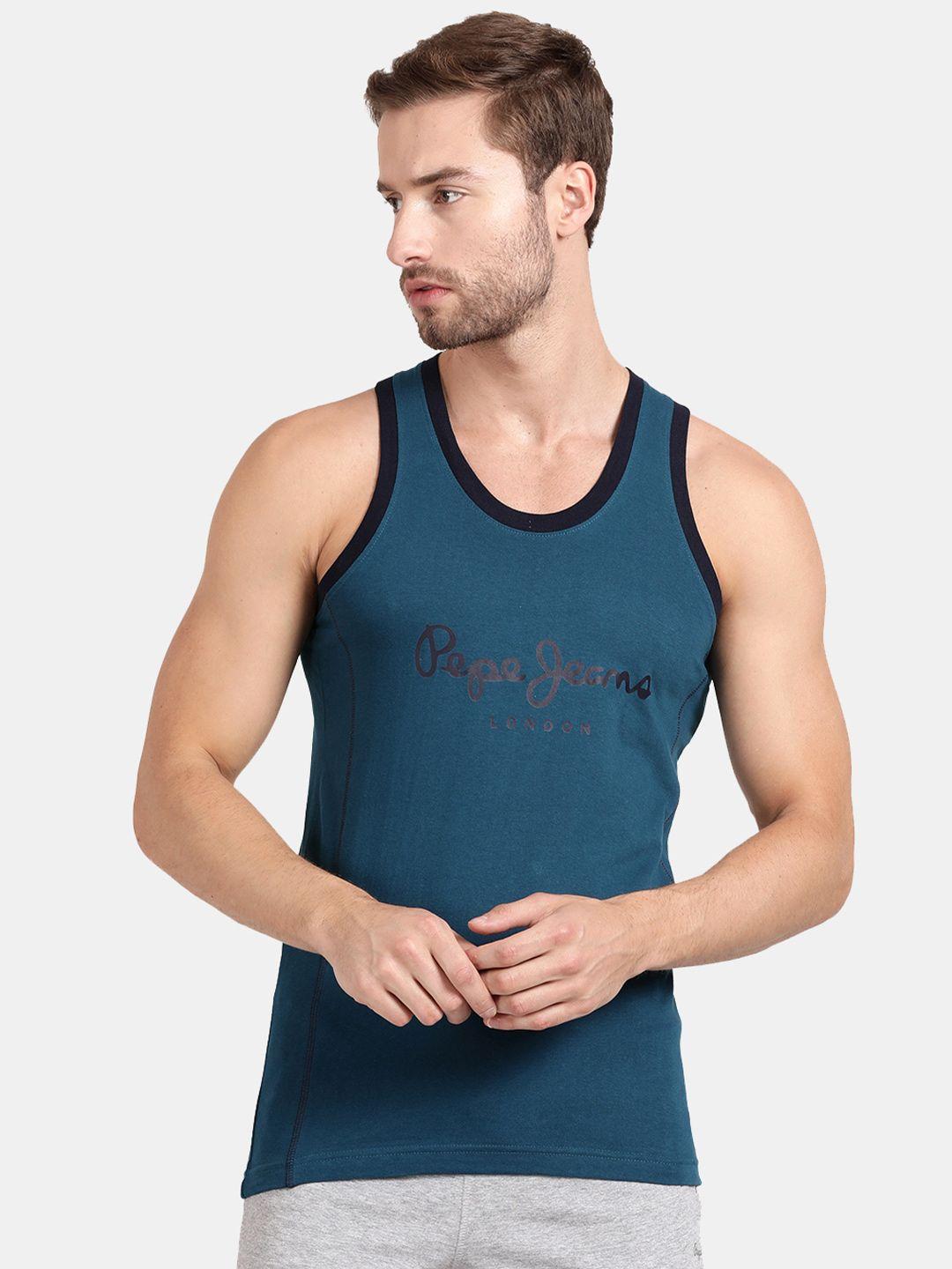 pepe jeans men blue & black solid cotton innerwear vests