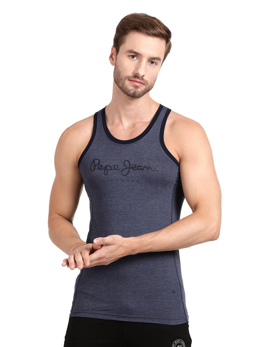 pepe jeans men blue solid cotton innerwear vests