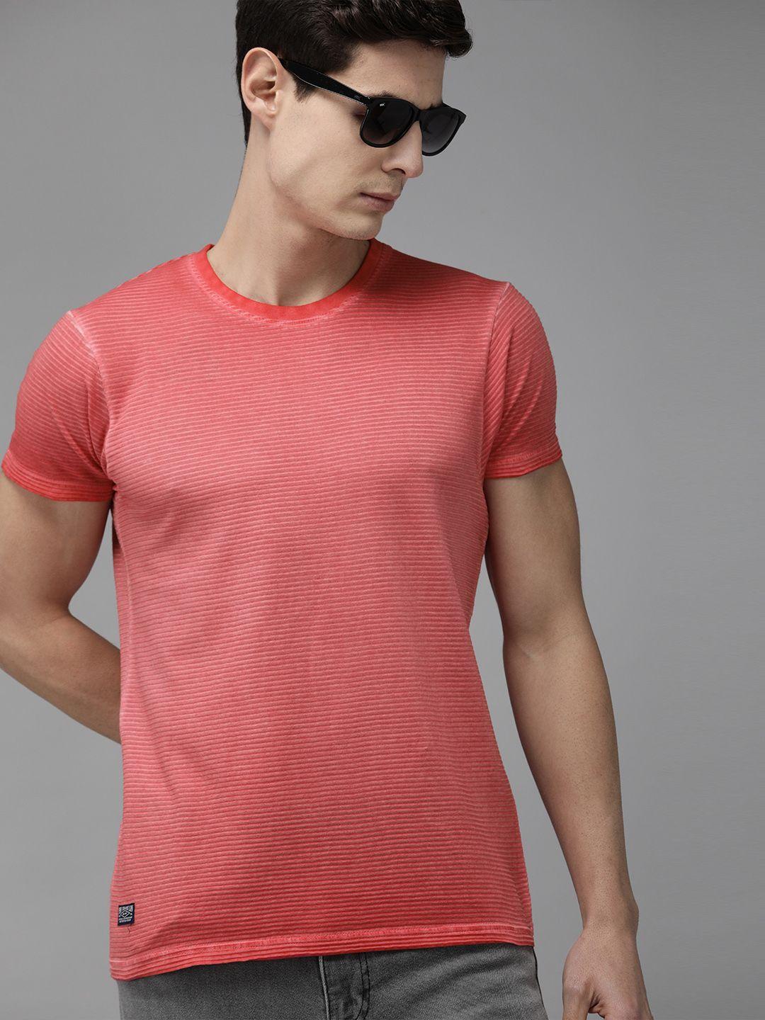 pepe jeans men coral pink self-striped round neck t-shirt