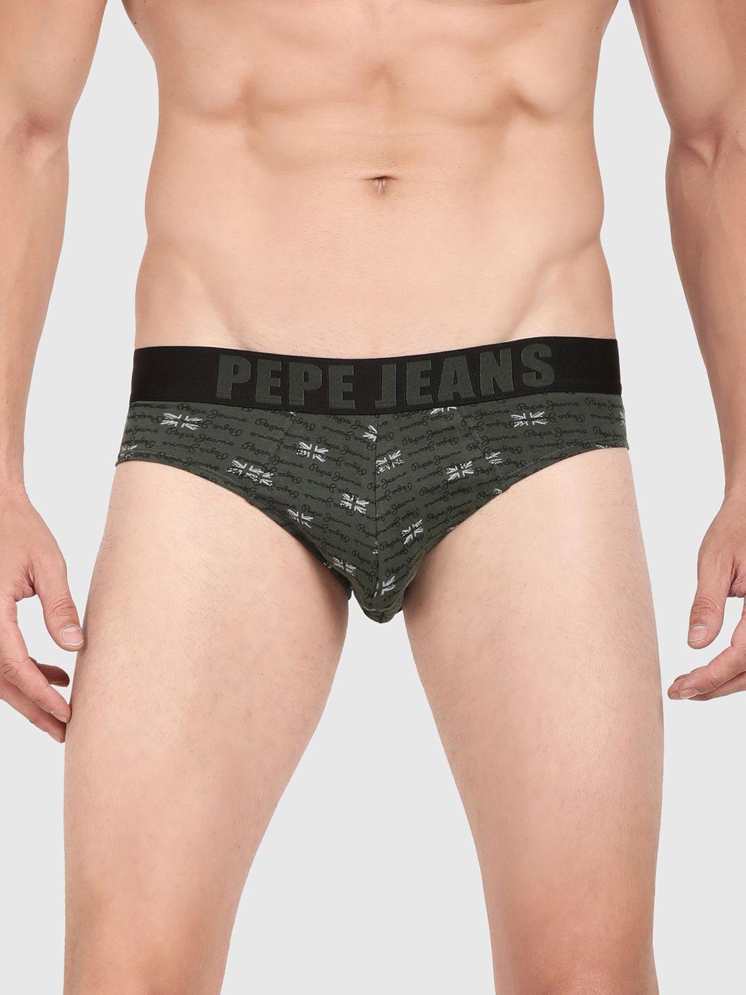 pepe jeans men green & grey printed cotton basic briefs