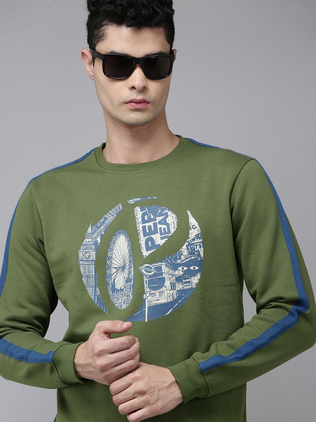 pepe jeans men green & white brand logo  printed sweatshirt