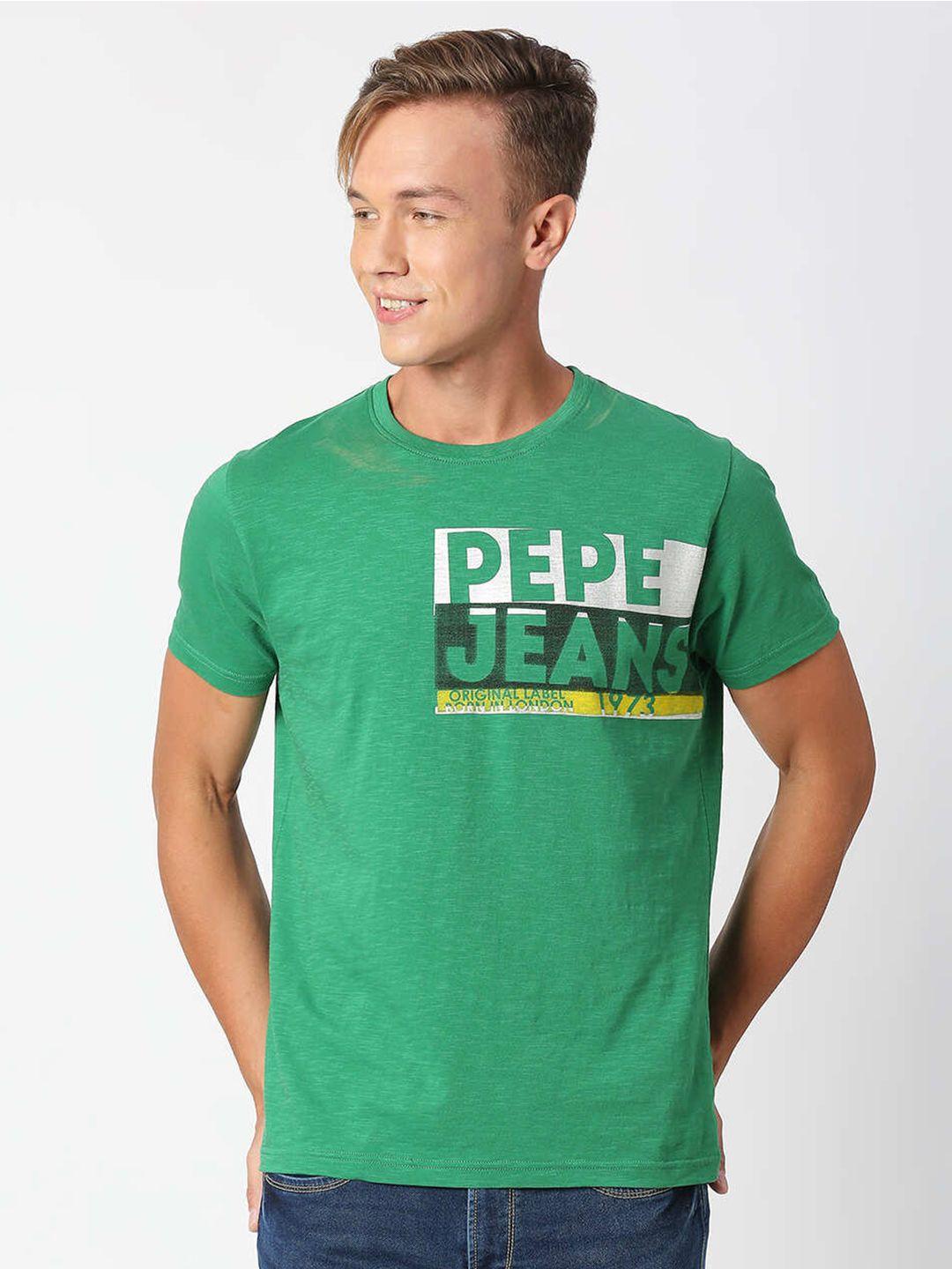 pepe jeans men green & white brand logo printed slim fit t-shirt
