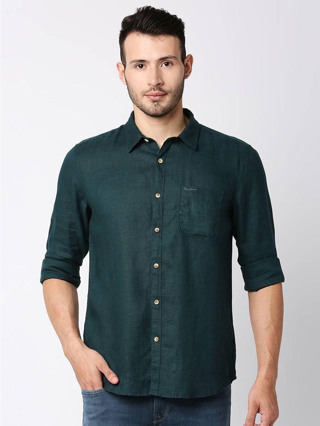 pepe jeans men green solid casual shirt