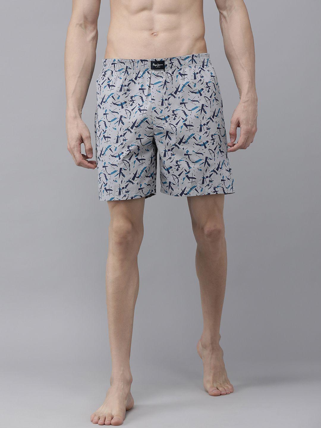 pepe jeans men grey and blue pure cotton printed boxers