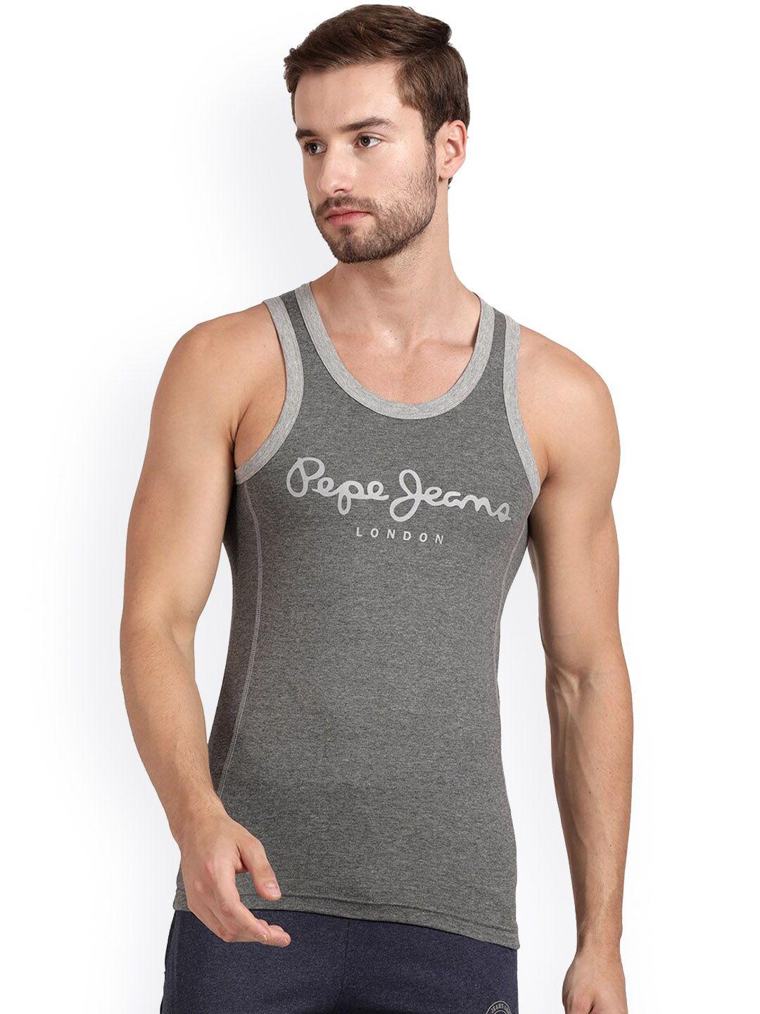 pepe jeans men grey printed cotton innerwear vest