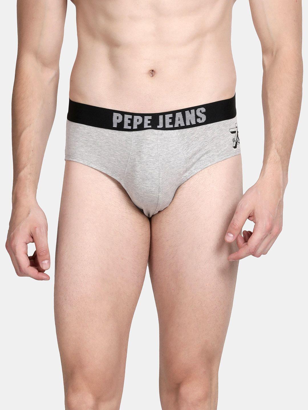 pepe jeans men grey solid cotton basic briefs