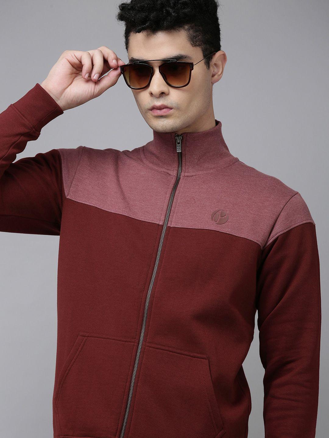 pepe jeans men maroon colourblocked front-open sweatshirt