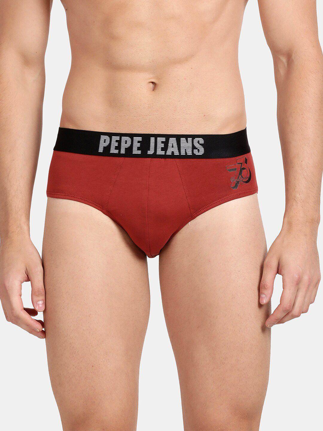 pepe jeans men maroon solid comfort fit mid-rise anti microbial stretchable brief opb07