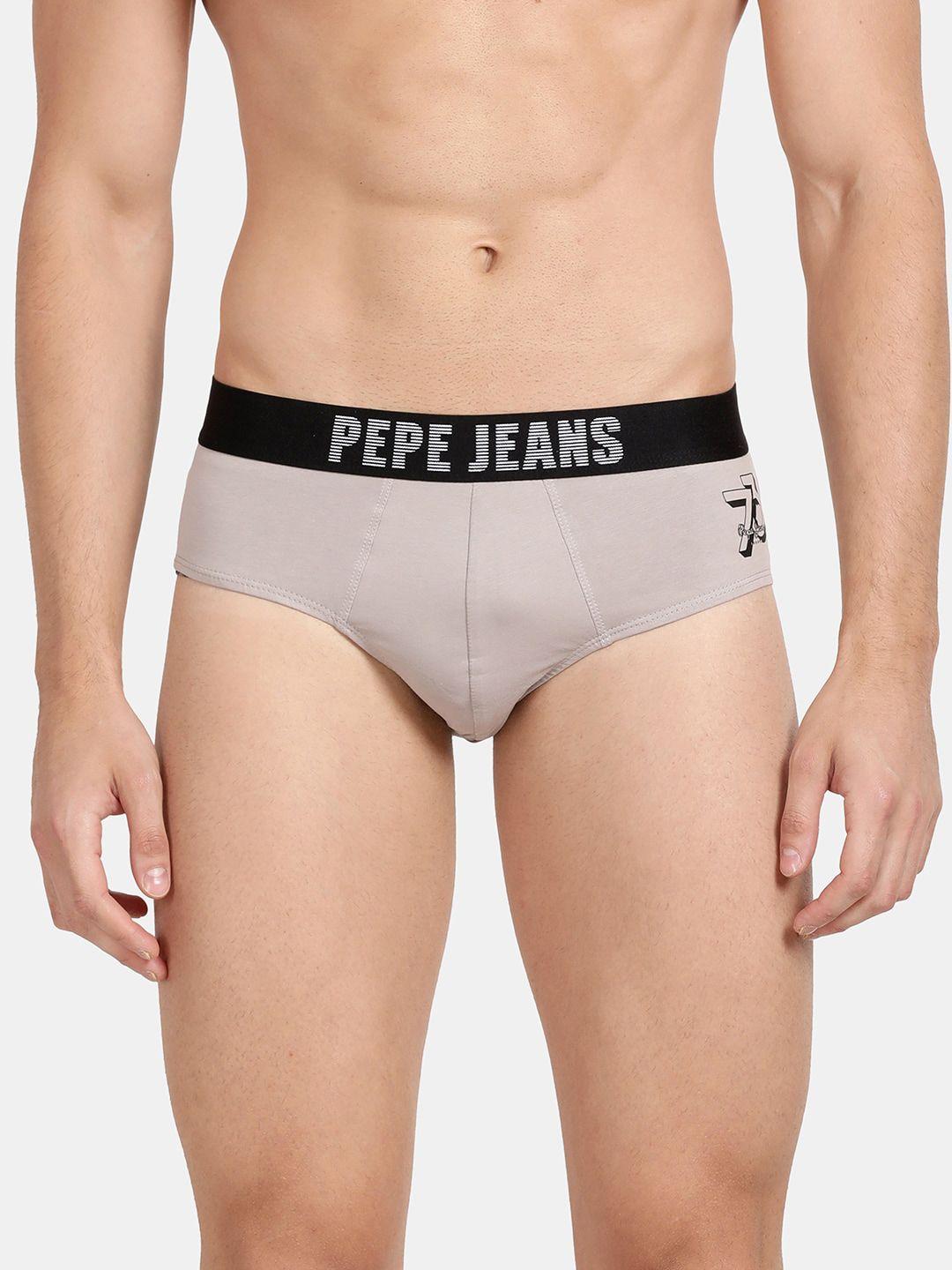 pepe jeans men mid grey solid comfort fit mid-rise knitted stretchable brief opb07