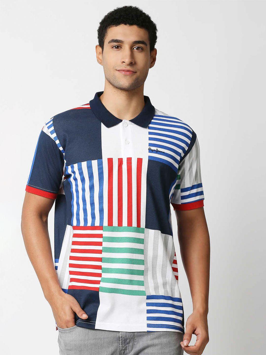 pepe jeans men multicoloured striped polo collar t-shirt