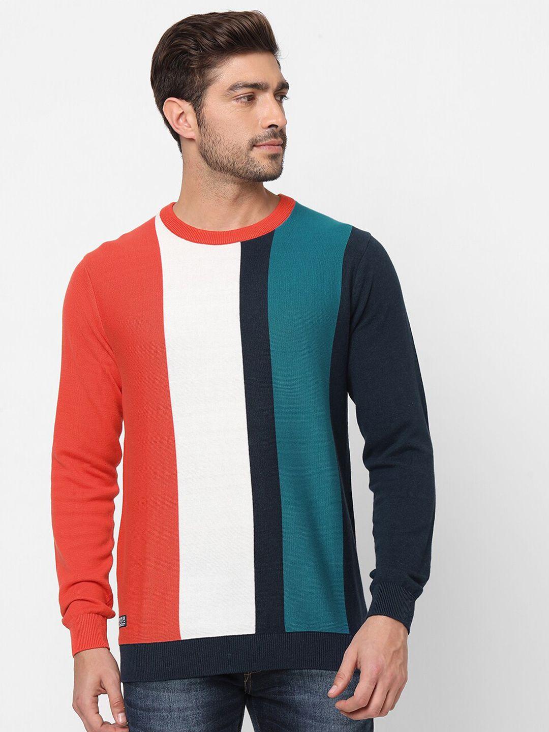 pepe jeans men navy blue & orange colourblocked pure cotton pullover