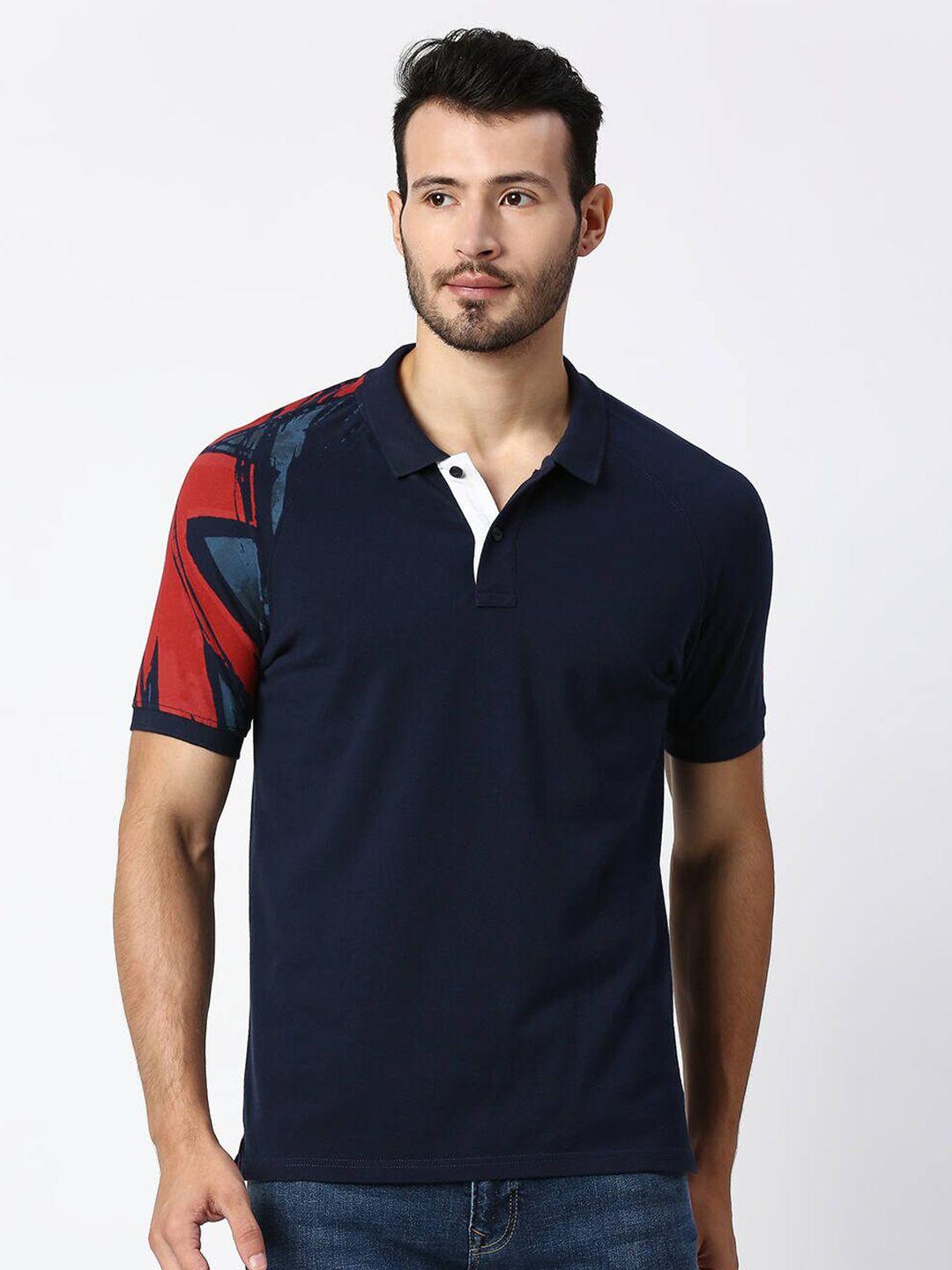 pepe jeans men navy blue & red  printed polo collar cotton t-shirt