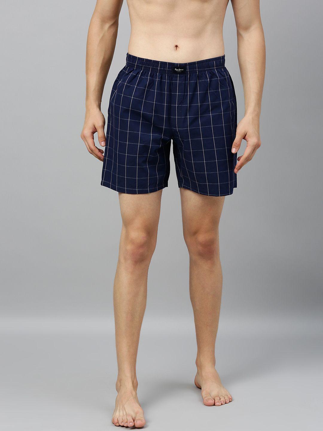 pepe jeans men navy blue & white checked pure cotton boxers 8904311313953