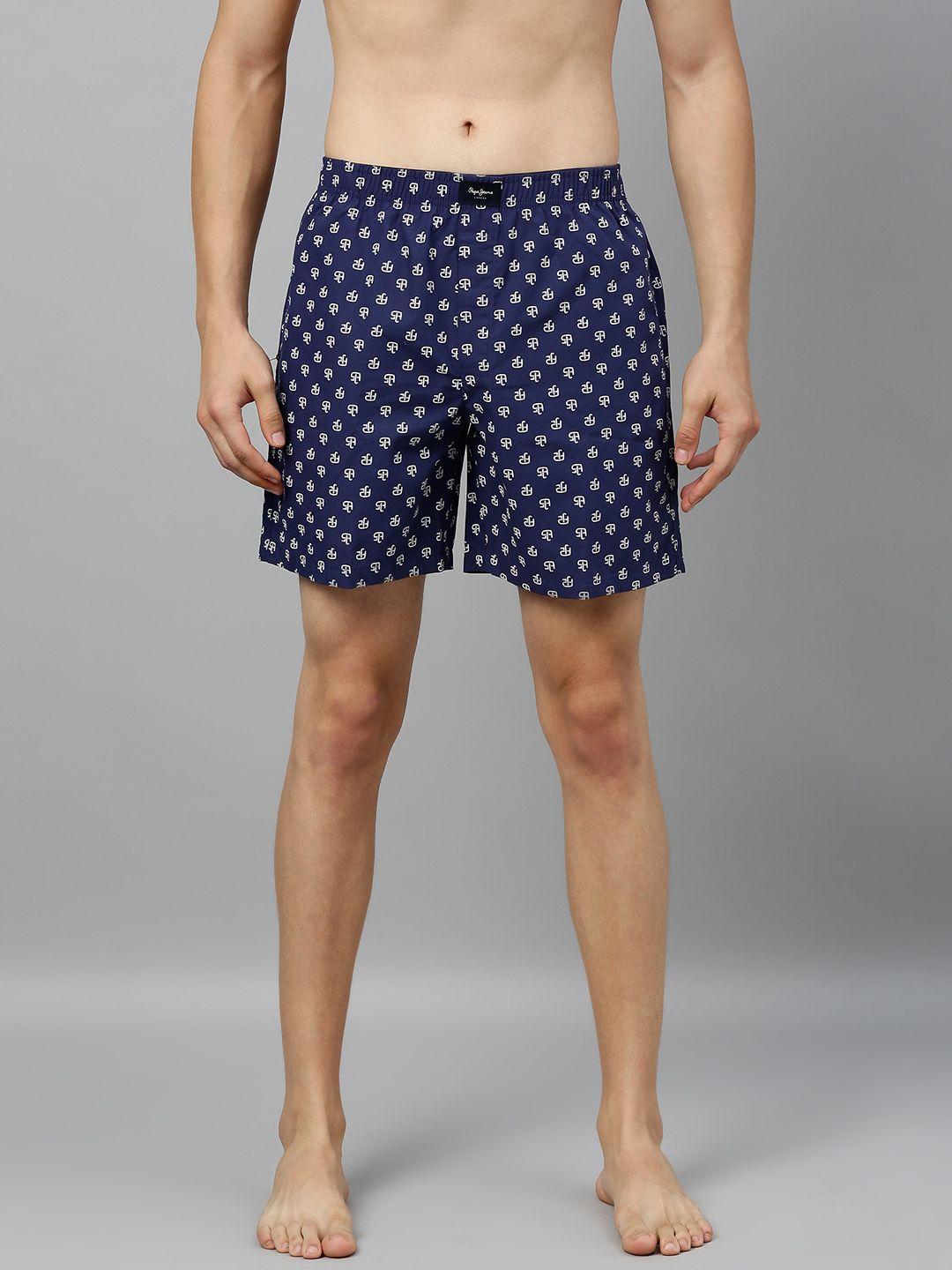 pepe jeans men navy blue & white printed pure cotton boxers 8904311314196