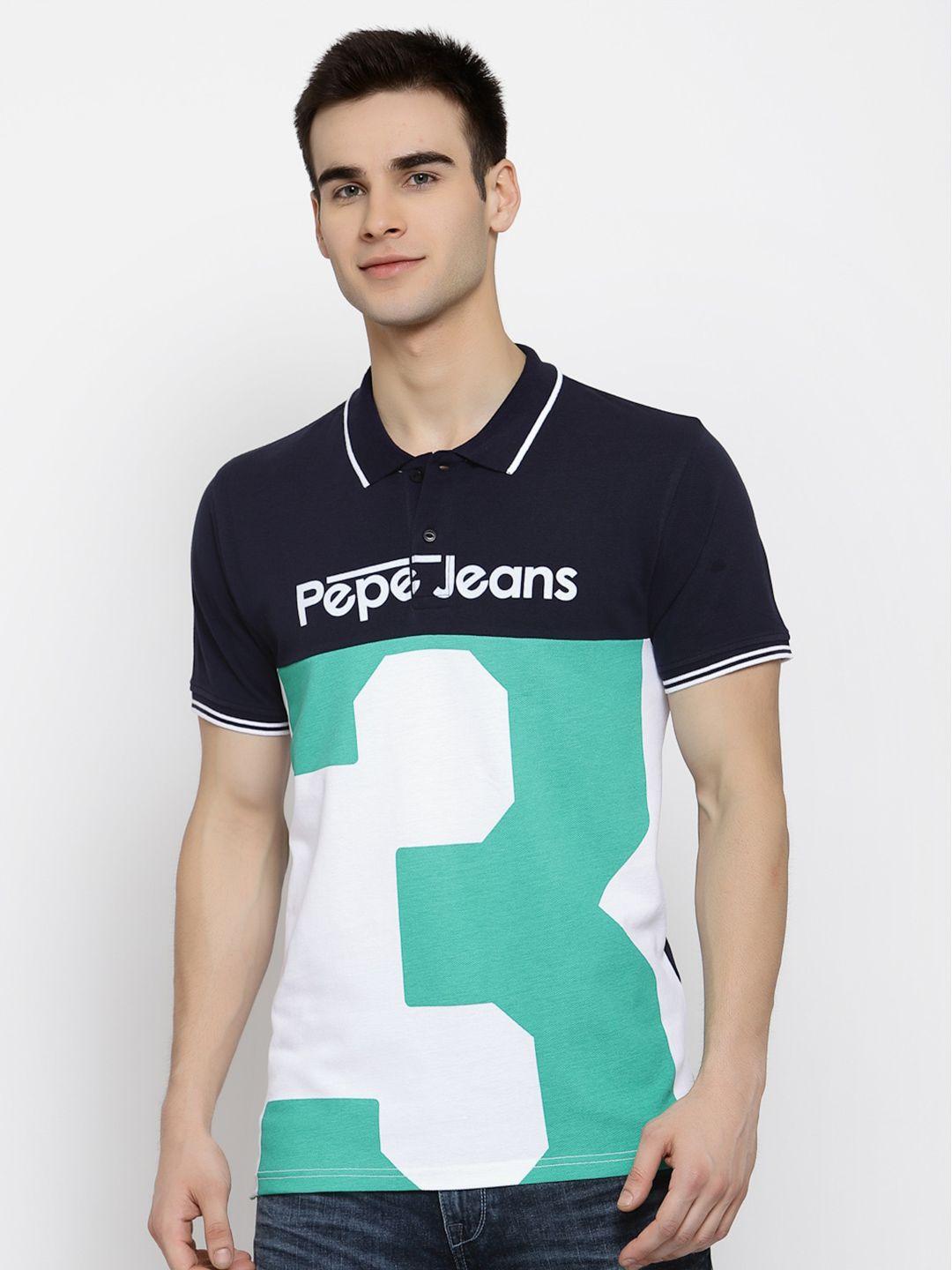 pepe jeans men navy blue  green printed polo collar pure cotton t-shirt