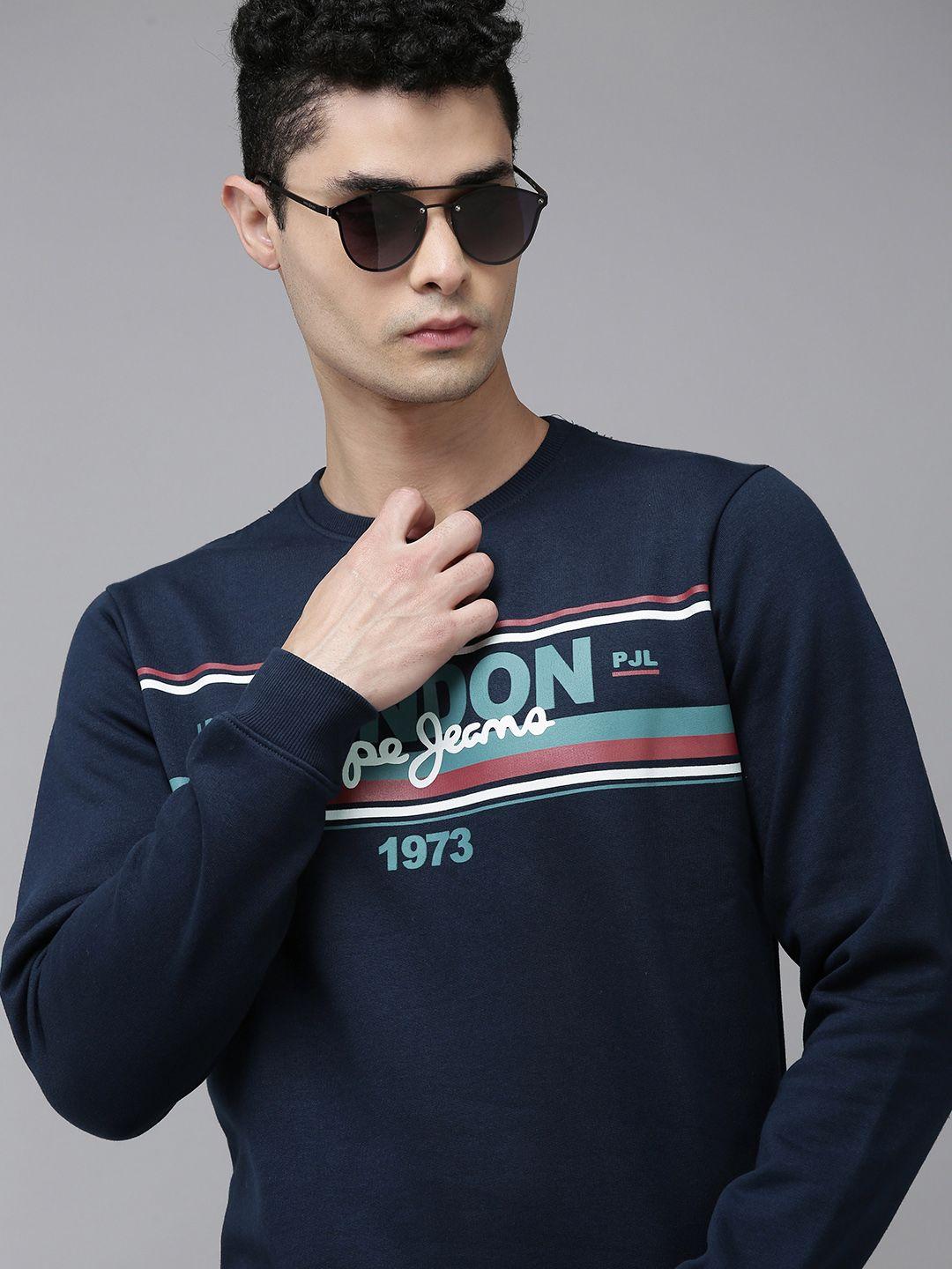 pepe jeans men navy blue brand logo printed sweatshirt