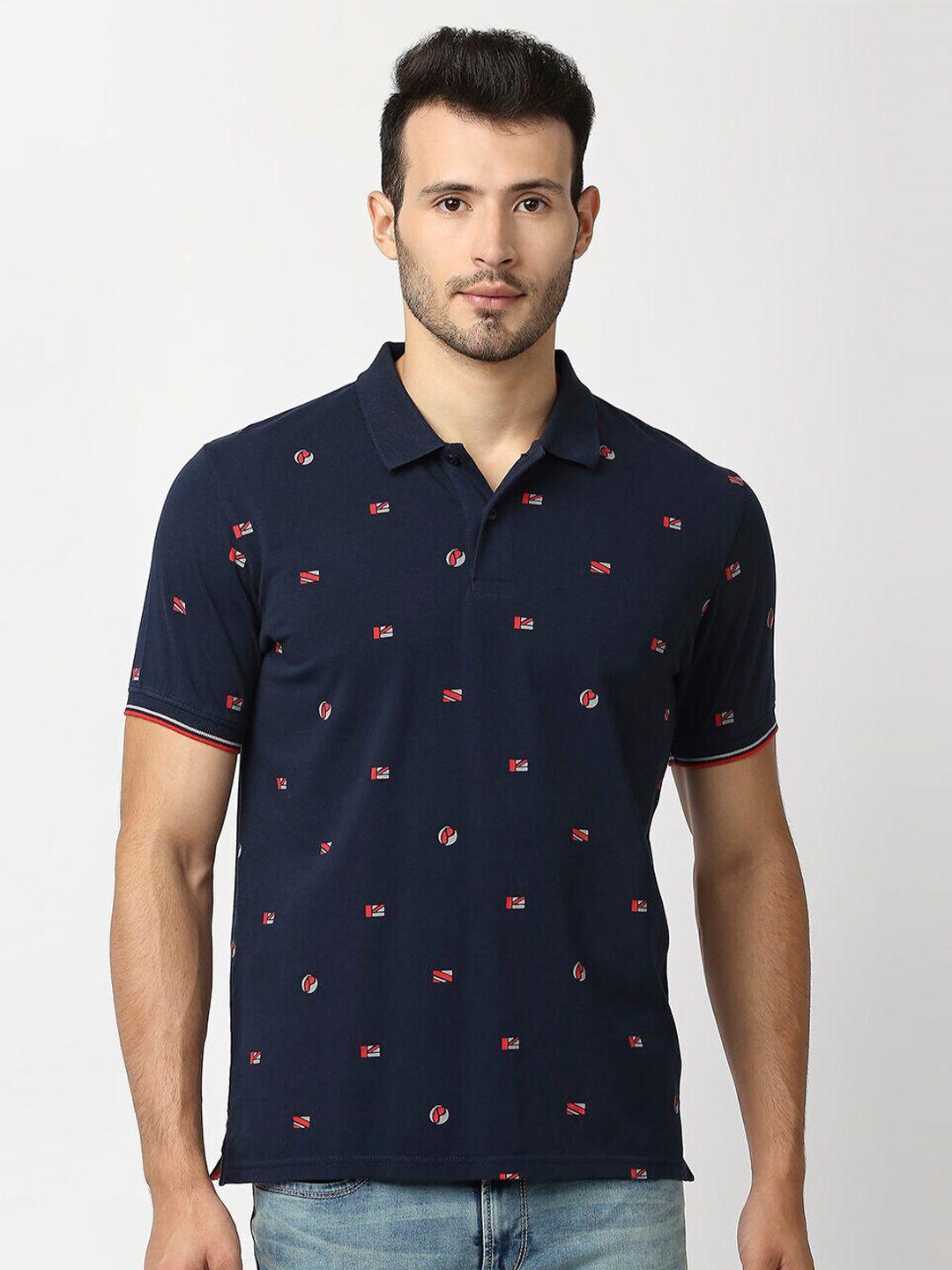 pepe jeans men navy blue printed polo collar cotton t-shirt