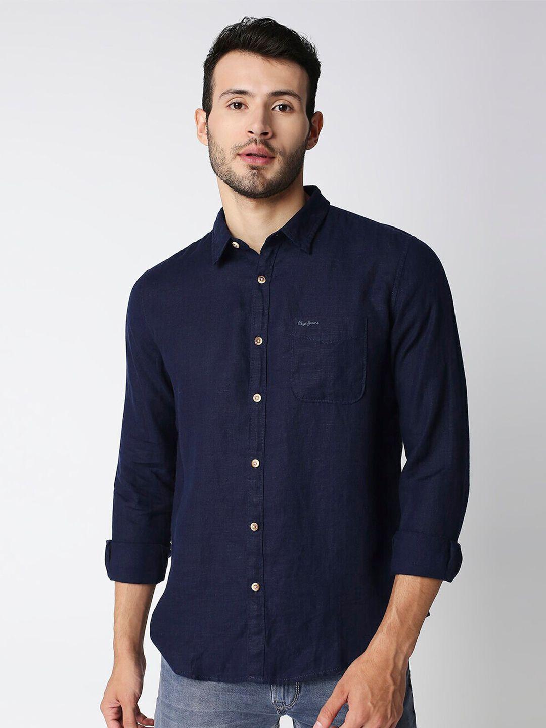 pepe jeans men navy blue solid casual shirt