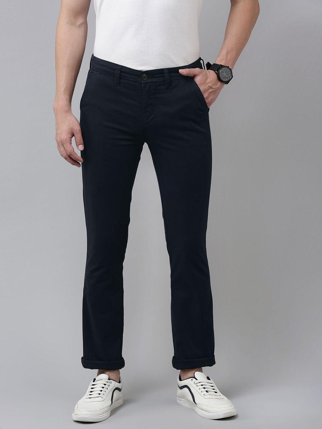 pepe jeans men navy blue solid slim fit chinos trousers