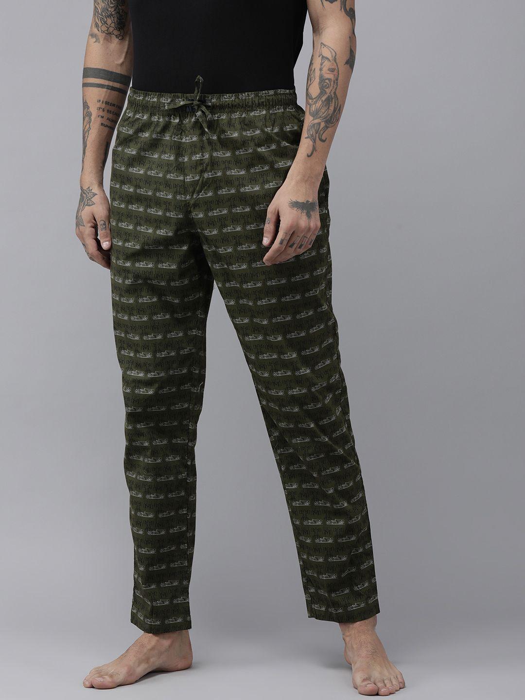 pepe jeans men olive & white printed lounge pants