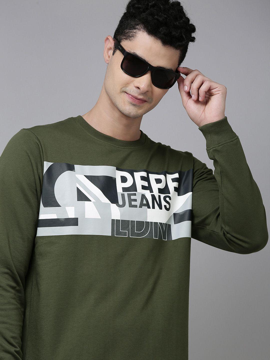 pepe jeans men olive green printed sweatshirt