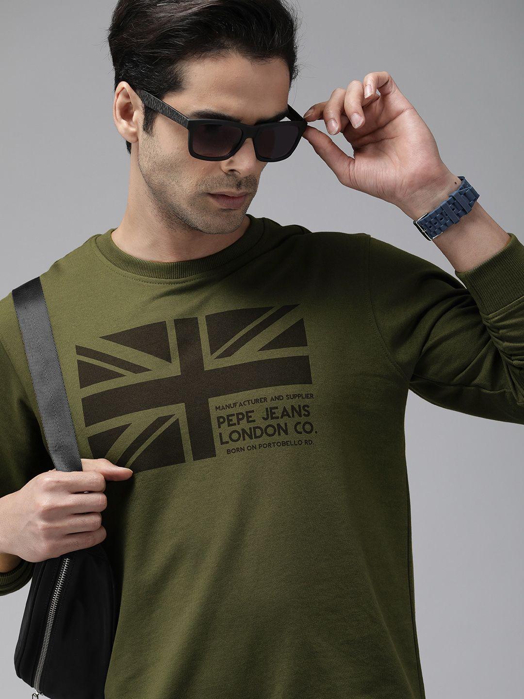 pepe jeans men olive green printed sweatshirt