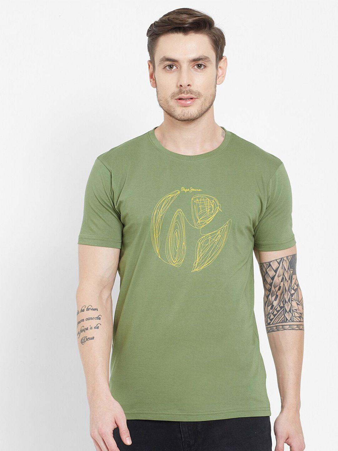 pepe jeans men olive green printed t-shirt