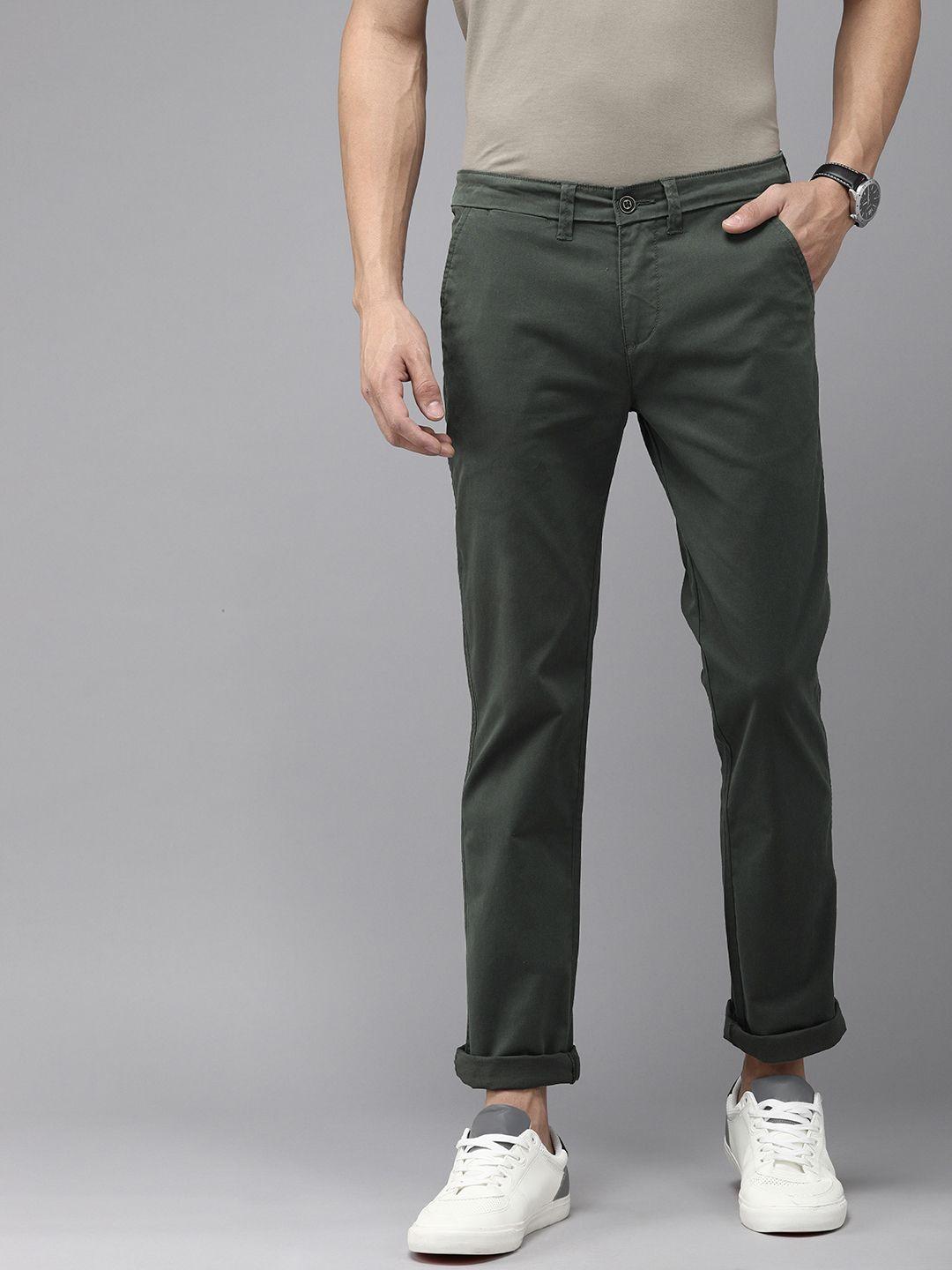 pepe jeans men olive green solid slim fit chinos trousers