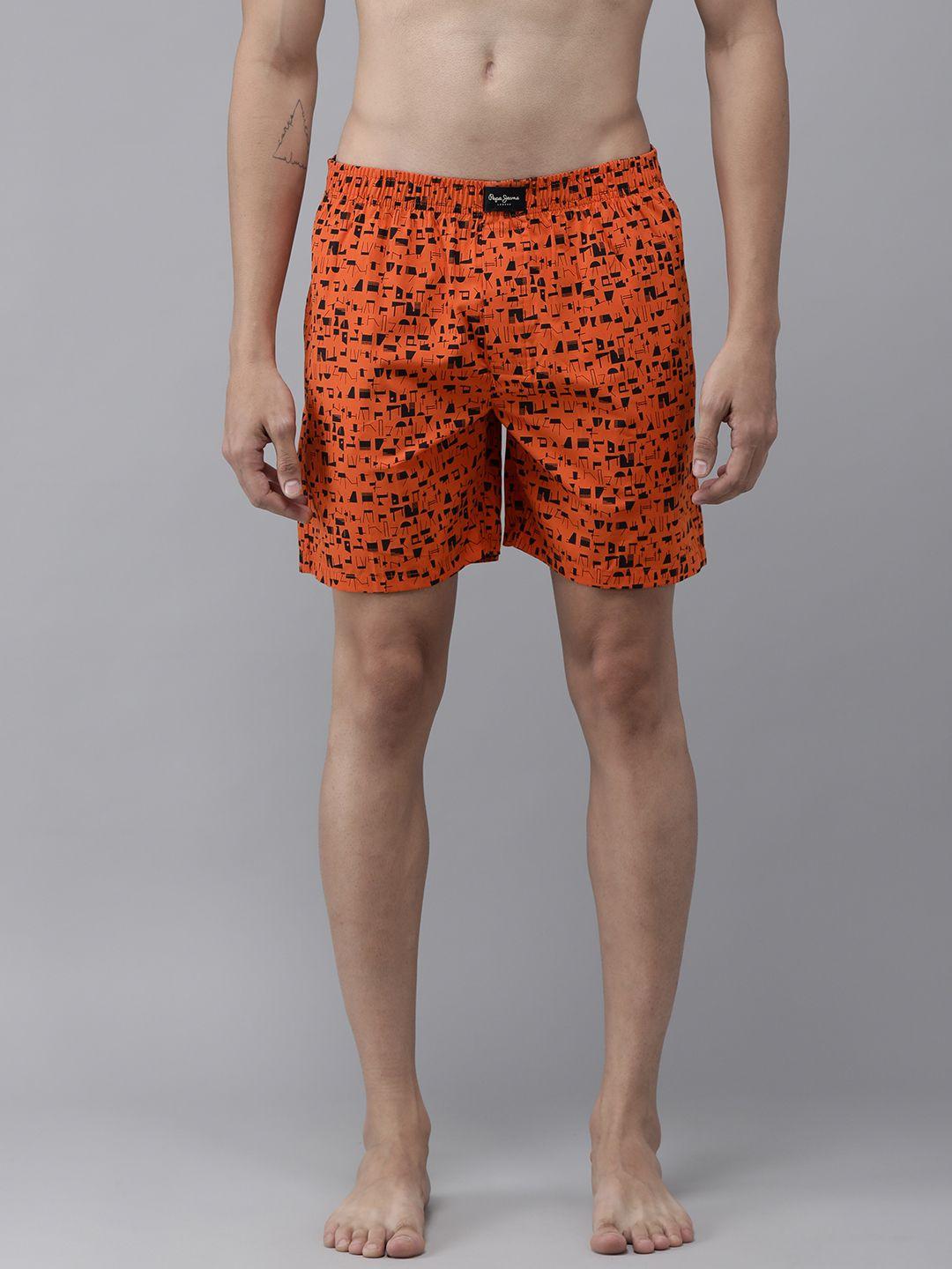 pepe jeans men orange and black pure cotton printed boxers