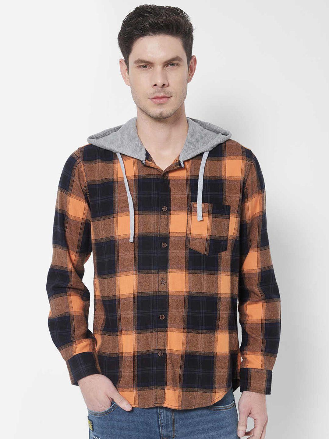 pepe jeans men orange hoodie checked casual cotton shirt