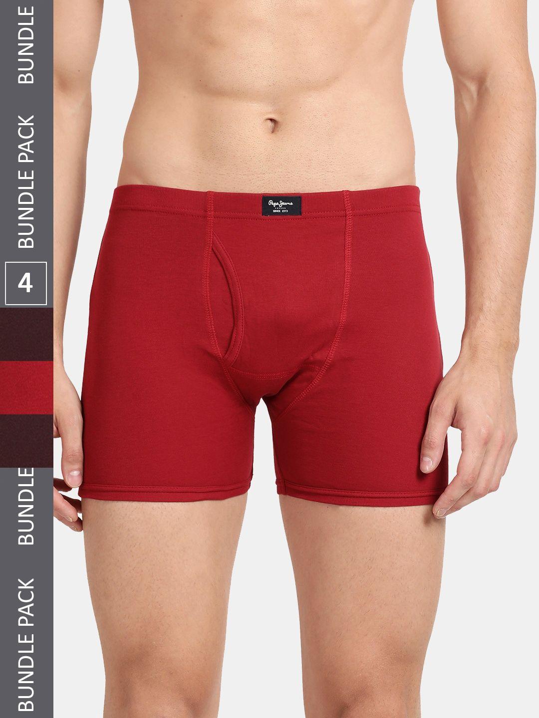 pepe jeans men pack of 4 regular fit cotton trunks clt01 burgand parry red