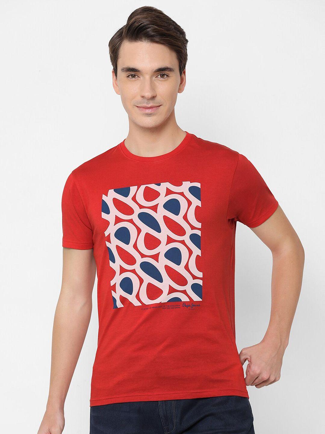 pepe jeans men red & blue printed slim fit pure cotton t-shirt