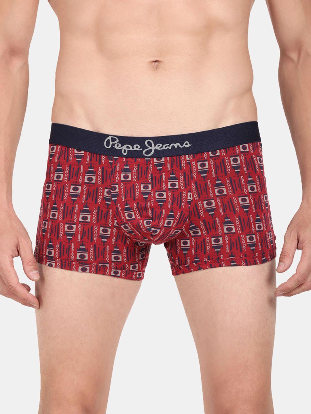 pepe jeans men red & navy blue printed cotton trunk clt05-parry red aop-s