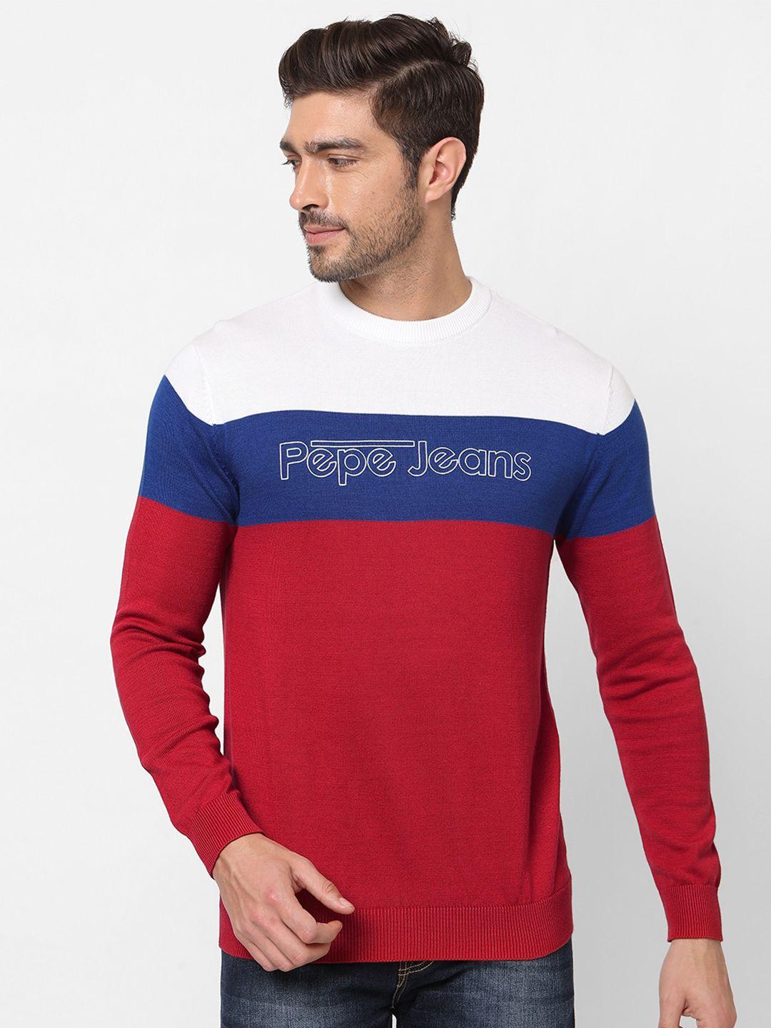 pepe jeans men red & white colourblocked pure cotton pullover