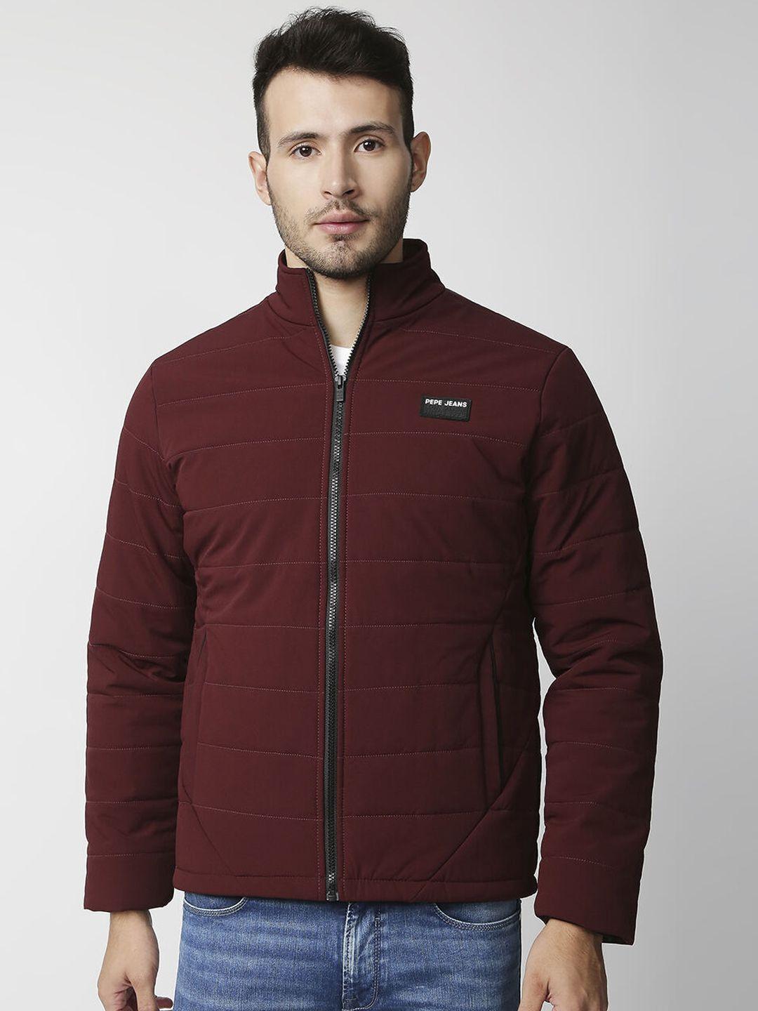 pepe jeans men red padded jacket with patchwork