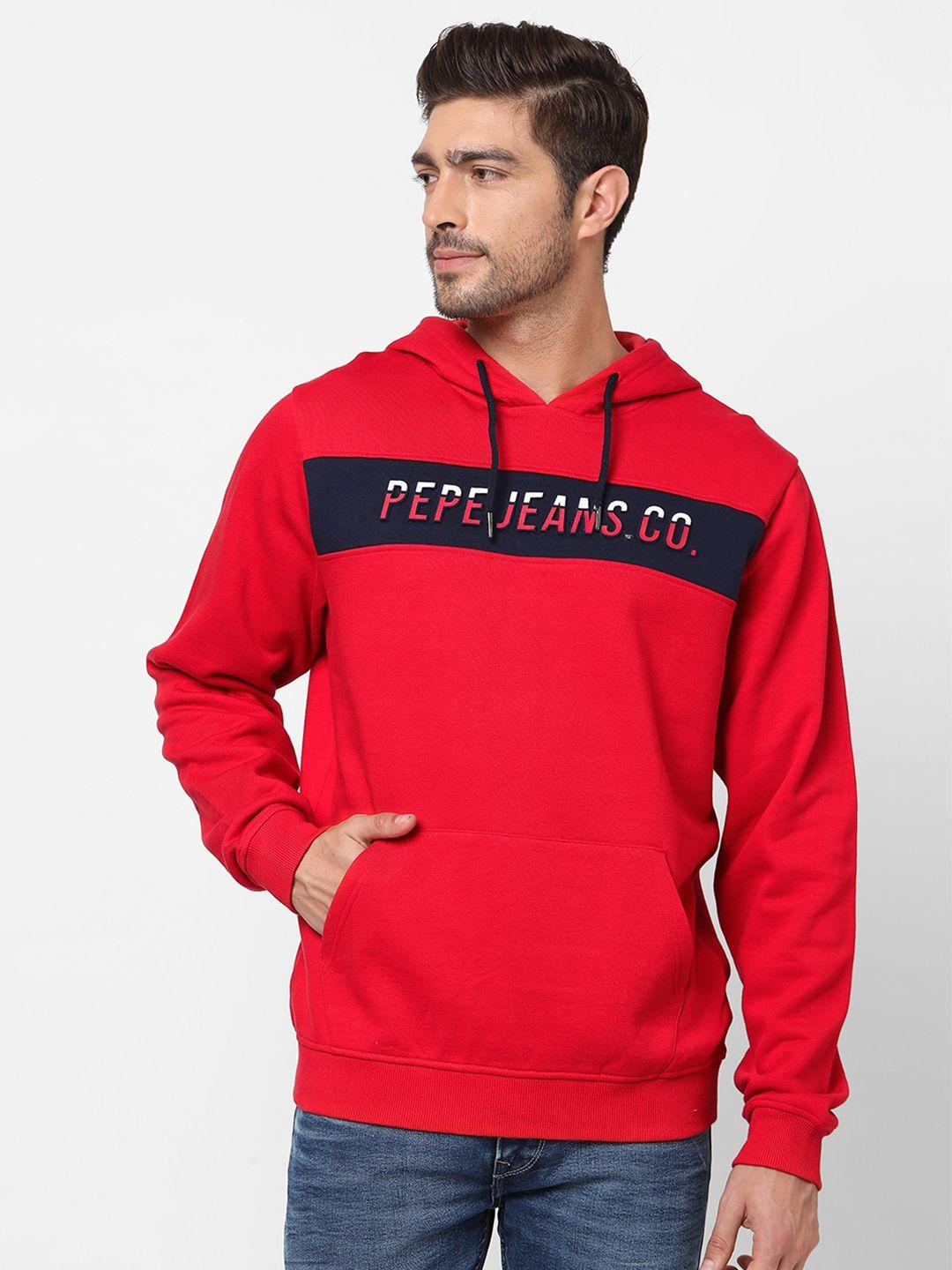 pepe jeans men red printed hooded pure cotton sweatshirt