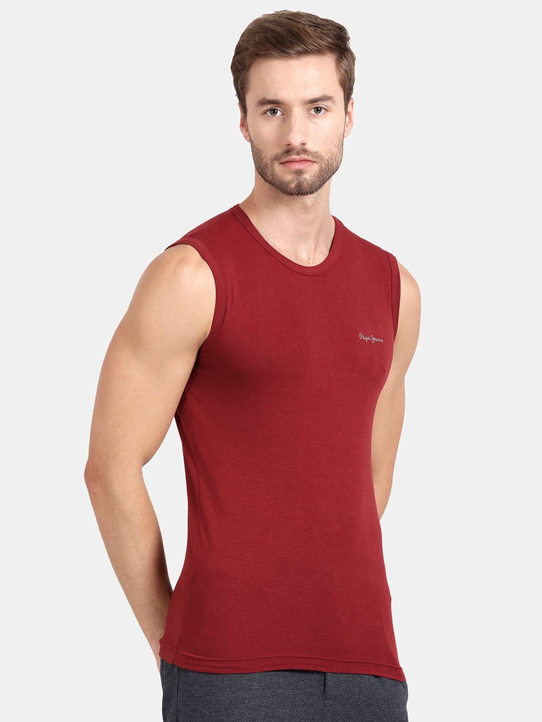 pepe jeans men red solid pure cotton innerwear vests