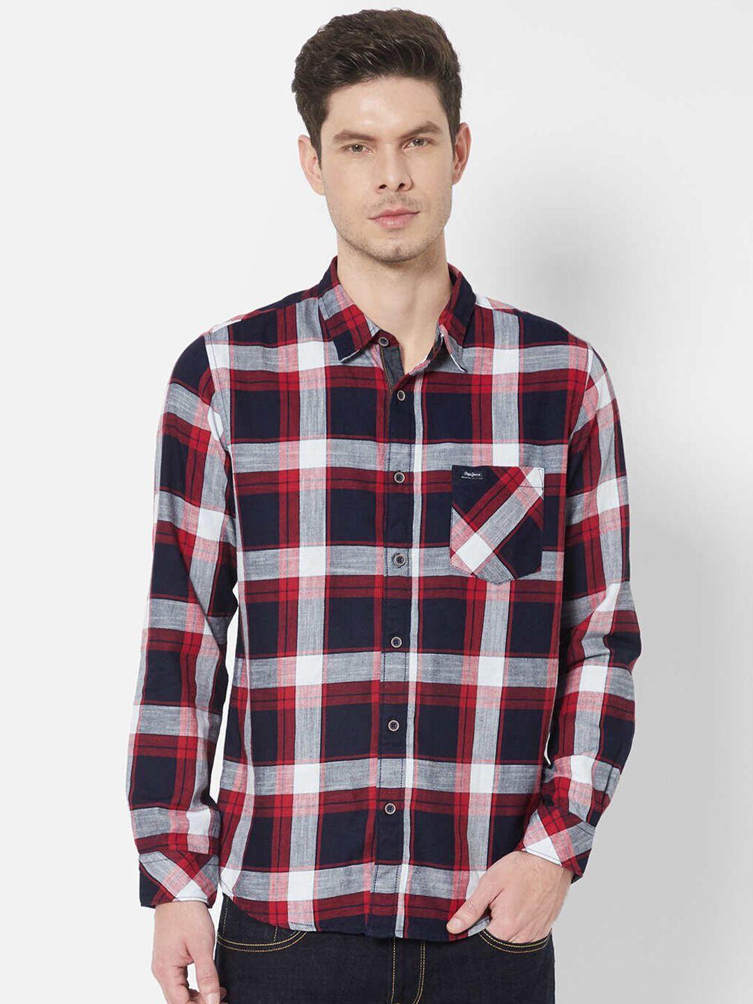 pepe jeans men red tartan checked casual shirt