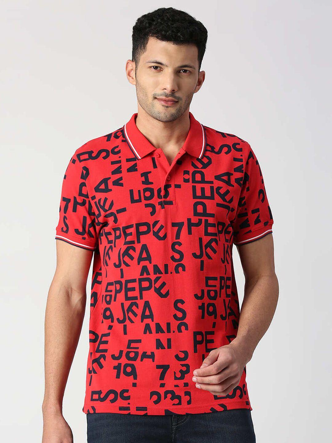 pepe jeans men typography printed pure cotton polo collar t-shirt