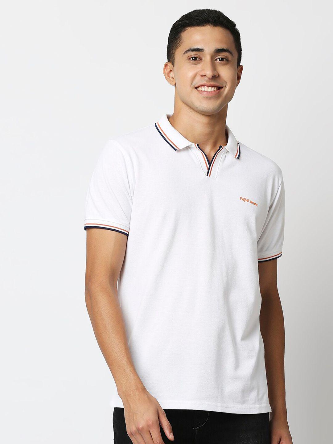 pepe jeans men white solid polo collar t-shirt