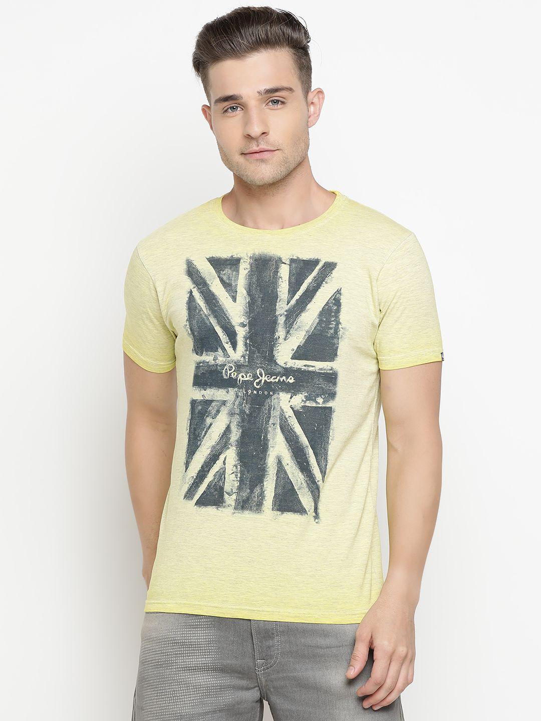 pepe jeans men yellow & charcoal grey printed round neck t-shirt